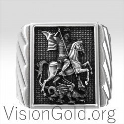 Серебряное квадратное мужское кольцо ручной работы со святым Георгием и драконом 0201