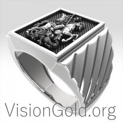 Серебряное квадратное мужское кольцо ручной работы со святым Георгием и драконом 0201