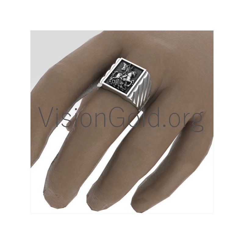 Sterling Silver Christian Mens Religious Catholic Orthodox Signet 925 Ring Saint George Dragon Slayer Protector 0201