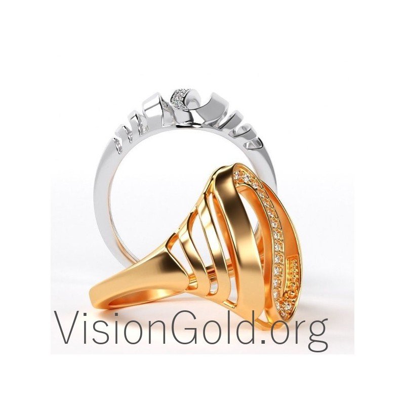 Handmade Modern Women's Ring White- Pink Gold- Yellow Gold With