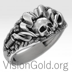 Ring Silver Skull Biker,Signet Skull Ring, Sterling Silver Biker Jewelry, Oxidized Silver Biker Ring,Silver Men Gift 0215