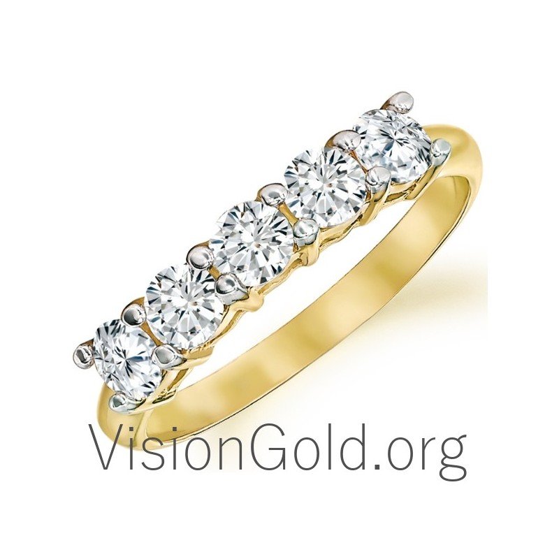 Serie Ring mit fünf Steinen Weißgold, Gelbgold, Roségold 14K