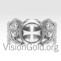 Серебряное мужское кольцо христианской ручной работы с крестом и ангелами 0218