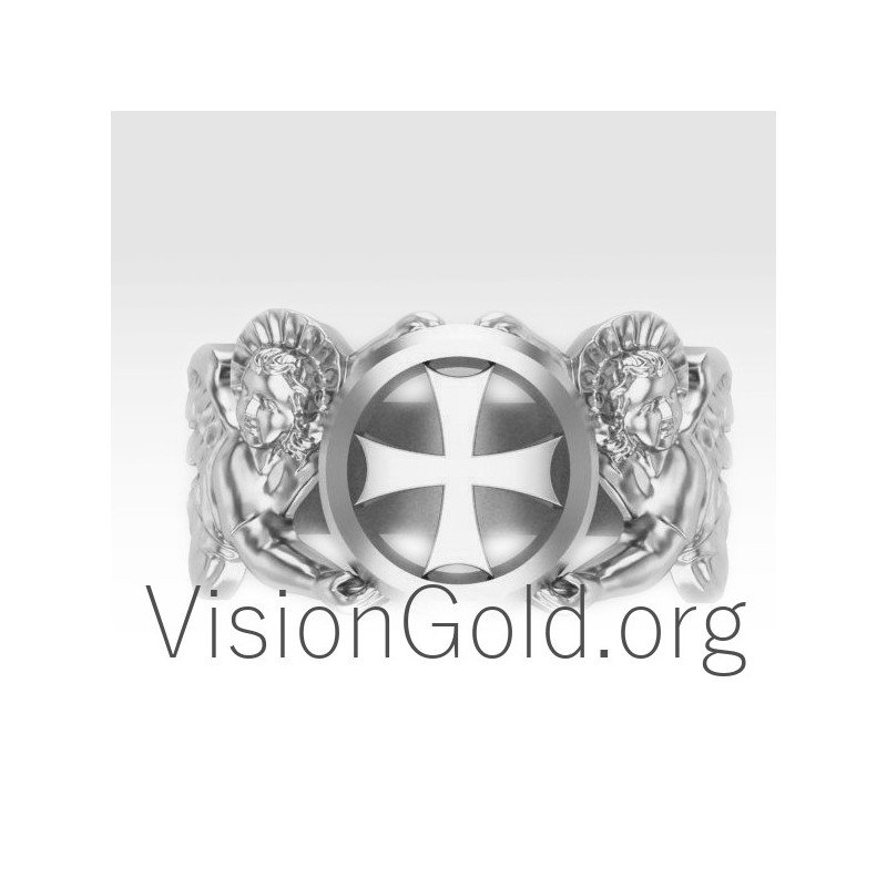 Серебряное мужское кольцо христианской ручной работы с крестом и ангелами 0218
