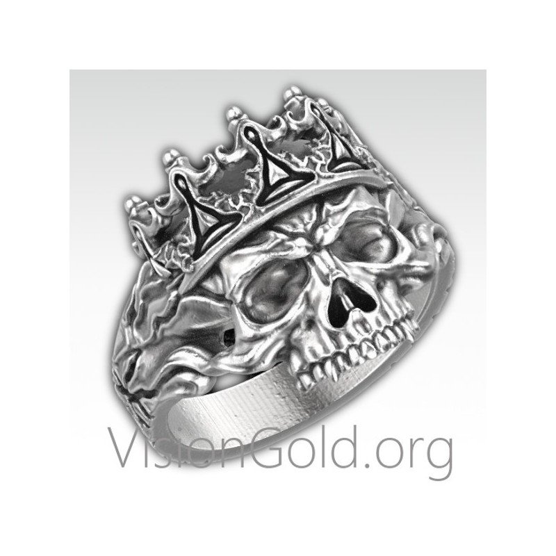 Ασημενιο Ανδρικο Δαχτυλιδι Με Νεκροκεφαλη Και Στεμμα Διαθεσιμο