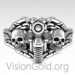 Ανδρικο Δαχτυλιδι Με Μηχανη Και Νεκροκεφαλες- Ανδρικα Κοσμηματα