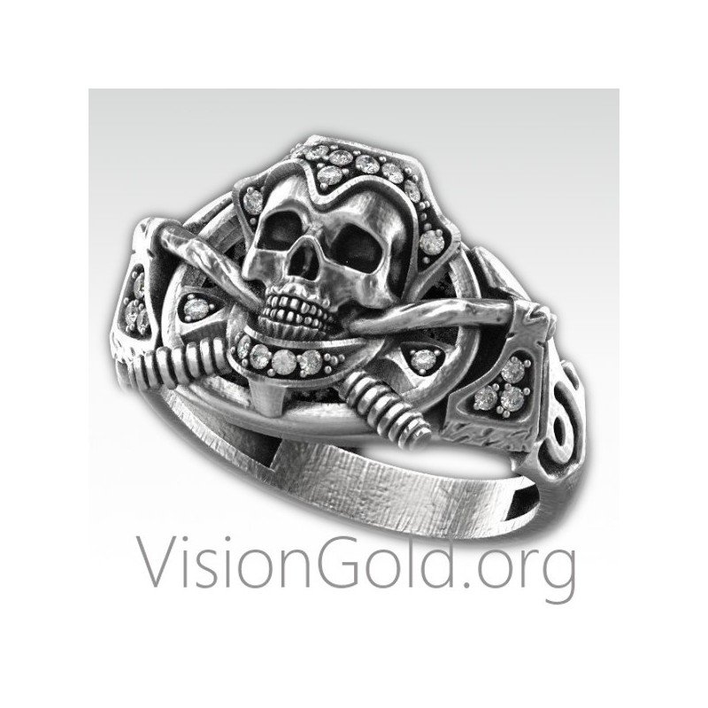 Anillo de hombre de plata 925 hecho a mano especial con calavera y piedras