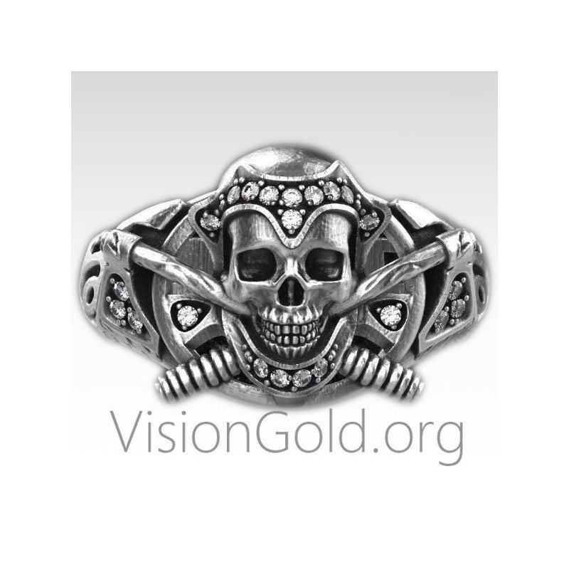 Anillo de hombre de plata 925 hecho a mano especial con calavera y piedras