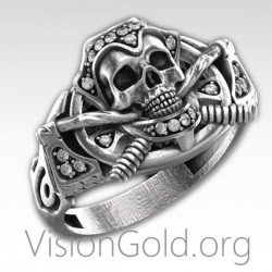 Anillo de hombre de plata 925 hecho a mano especial con calavera y piedras