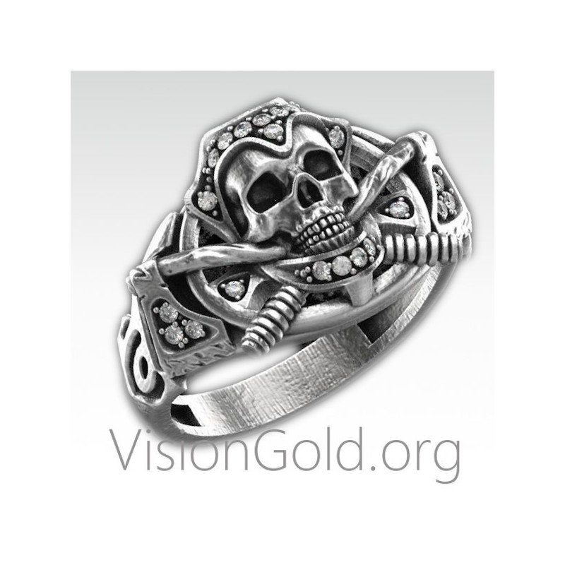 Anillo de hombre de plata 925 hecho a mano especial con calavera y piedras