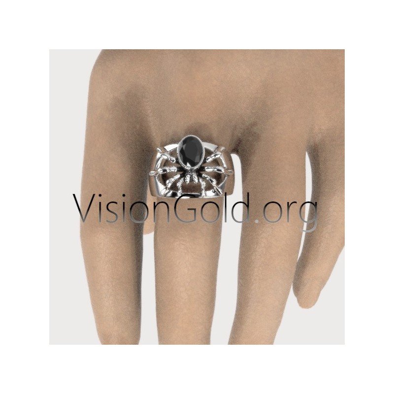 Silver Spider Ring,Spider Ring with Black Gem,Spider Web