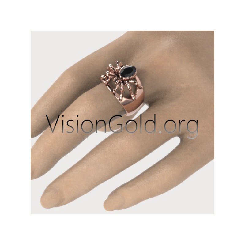 Silver Spider Ring,Spider Ring with Black Gem,Spider Web