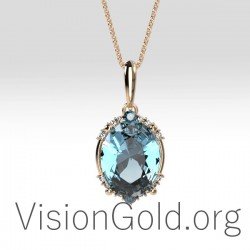 Astounding Unique Women's Jewelry Necklace With Aquamarine And Brilliant Diamonds 0375