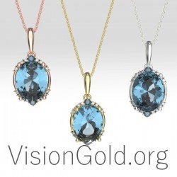 Astounding Unique Women's Jewelry Necklace With Aquamarine And Brilliant Diamonds 0375