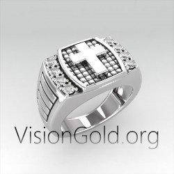 Anillo de plata para hombre con piedras y cruz - Anillo de hombre hecho a mano con cruz 0274