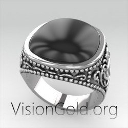 925 Sterling Silver Natural Black Onyx Stone Men's Ring 0289