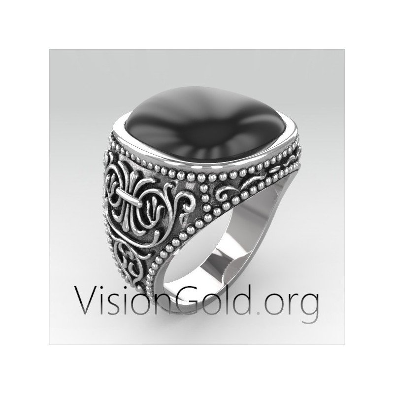 925 Sterling Silver Natural Black Onyx Stone Men's Ring 0289