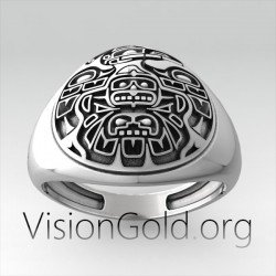 Anillo De Hombre De Plata Con Diseño De Tribus Aztecas De Mexico 0290