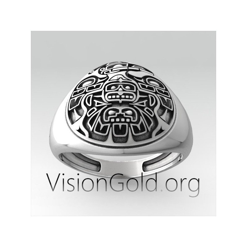 Sterling Silver Aztec Ring | Quetzal Bird Mayan Ring | Totem