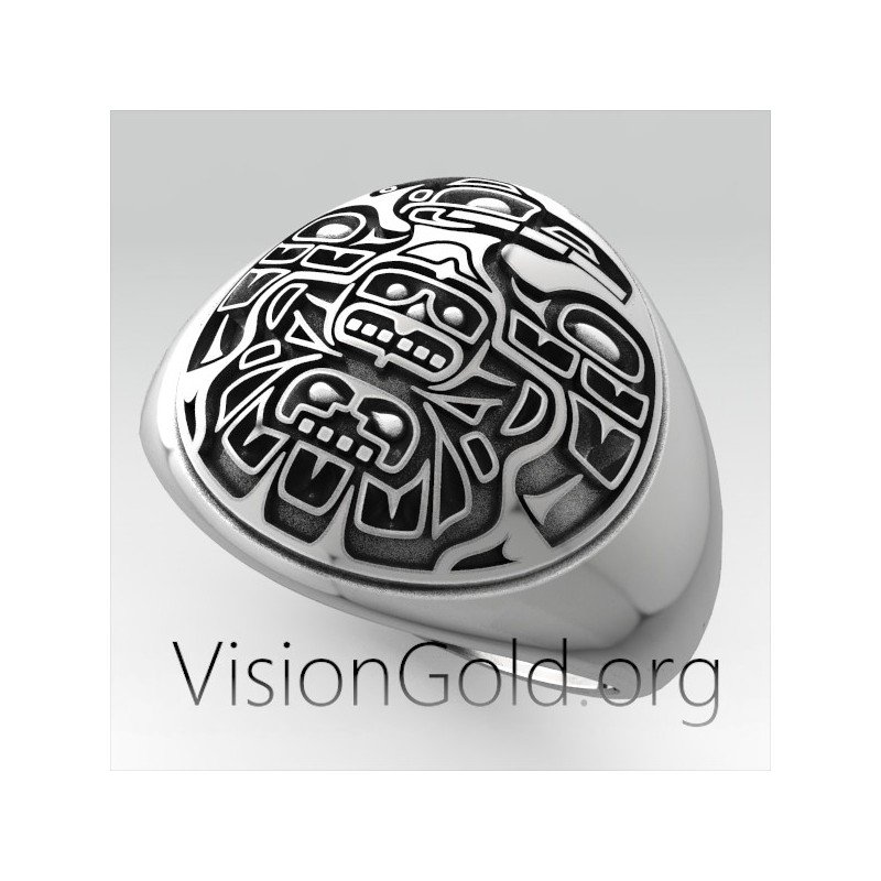 Sterling Silver Aztec Ring | Quetzal Bird Mayan Ring | Totem