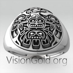 Anillo De Hombre De Plata Con Diseño De Tribus Aztecas De Mexico 0290