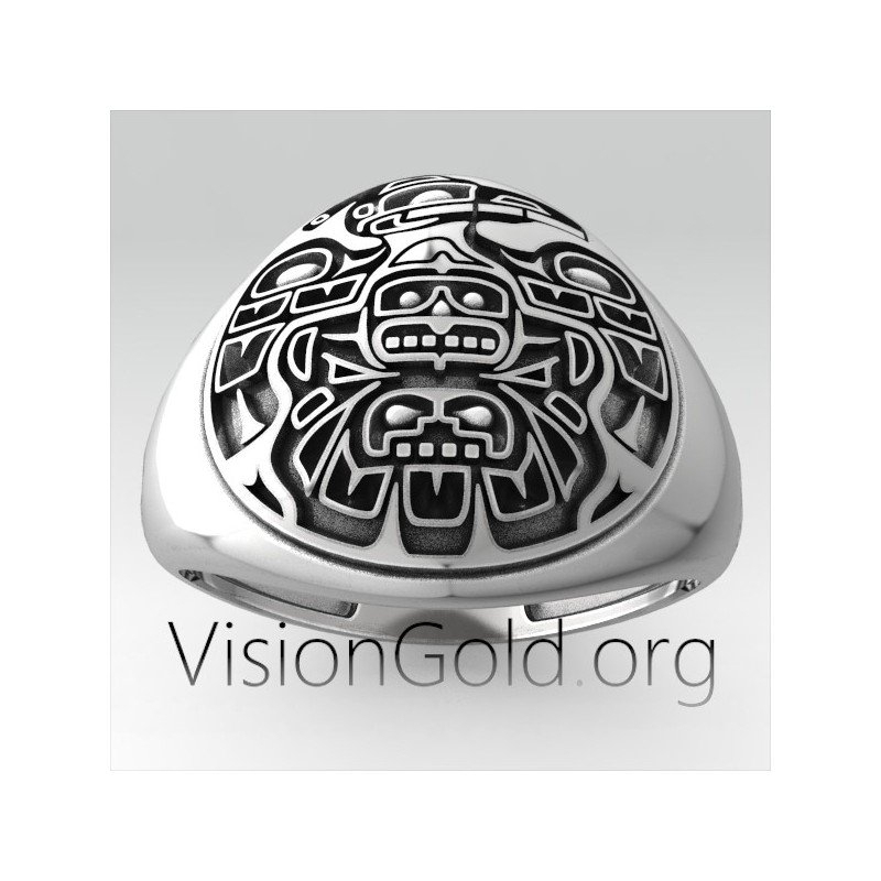 Anillo De Hombre De Plata Con Diseño De Tribus Aztecas De Mexico 0290