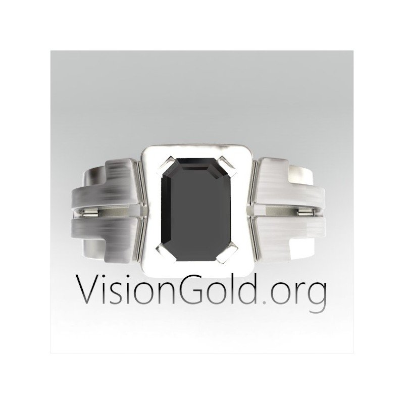 Mens Square Onyx Ring, Mens Silver Black Geometric Ring