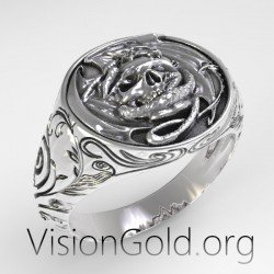 Punk Ανδρικο Δαχτυλιδι Με Νεκροκεφαλη Και Σκαλισματα Σε 925 Ασημι