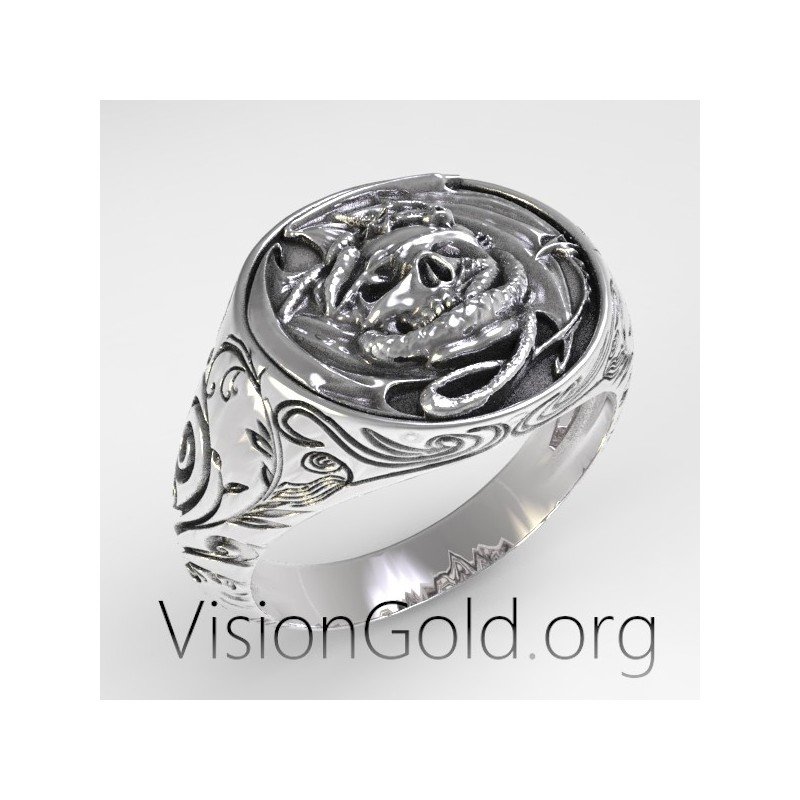 Punk Ανδρικο Δαχτυλιδι Με Νεκροκεφαλη Και Σκαλισματα Σε 925 Ασημι