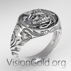 Punk Ανδρικο Δαχτυλιδι Με Νεκροκεφαλη Και Σκαλισματα Σε 925 Ασημι