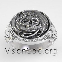 Punk Ανδρικο Δαχτυλιδι Με Νεκροκεφαλη Και Σκαλισματα Σε 925 Ασημι