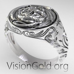 Punk Ανδρικο Δαχτυλιδι Με Νεκροκεφαλη Και Σκαλισματα Σε 925 Ασημι