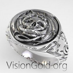 Punk Ανδρικο Δαχτυλιδι Με Νεκροκεφαλη Και Σκαλισματα Σε 925 Ασημι