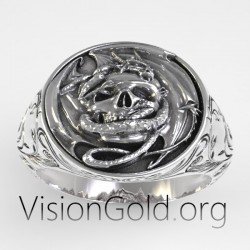 Punk Ανδρικο Δαχτυλιδι Με Νεκροκεφαλη Και Σκαλισματα Σε 925 Ασημι