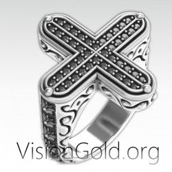 Мужское кольцо Крест 925 Серебро с камнями и орнаментом 0304