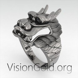 Handmade Unique Silver Men's Ring Dragon With Stones / Men's Rings Collection 0310