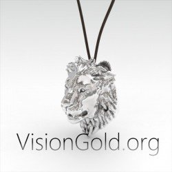 Silver Lion Head Pendant Necklace Recycled Sterling Silver by VisionGold 0055