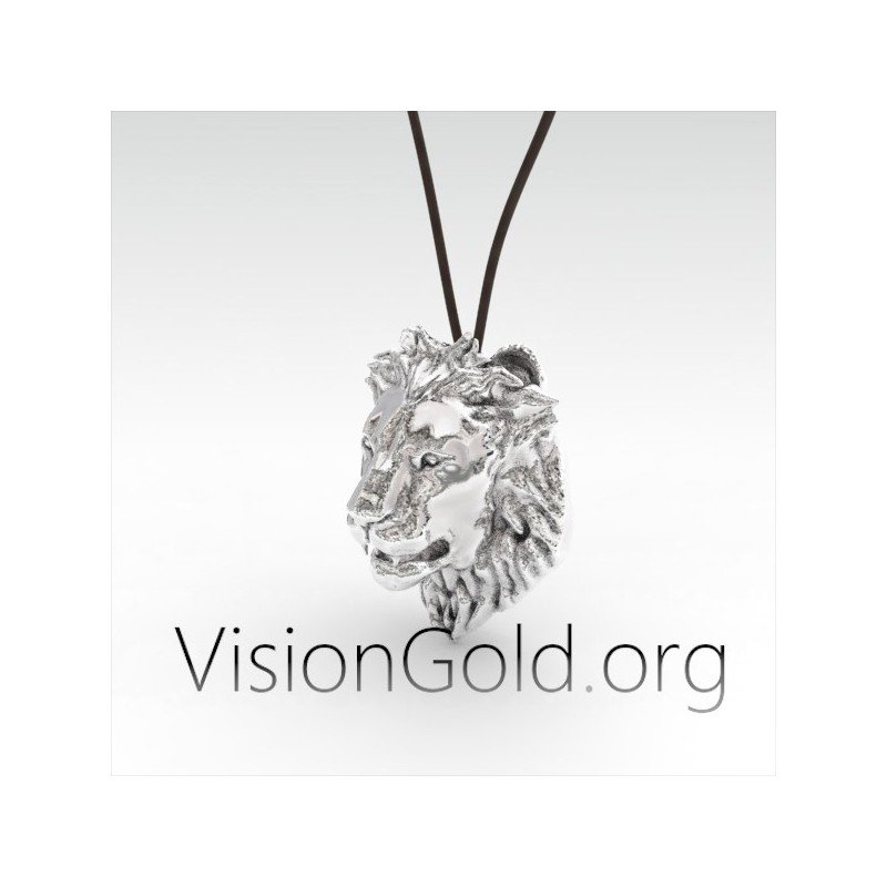 Silver Lion Head Pendant Necklace Recycled Sterling Silver by VisionGold 0055