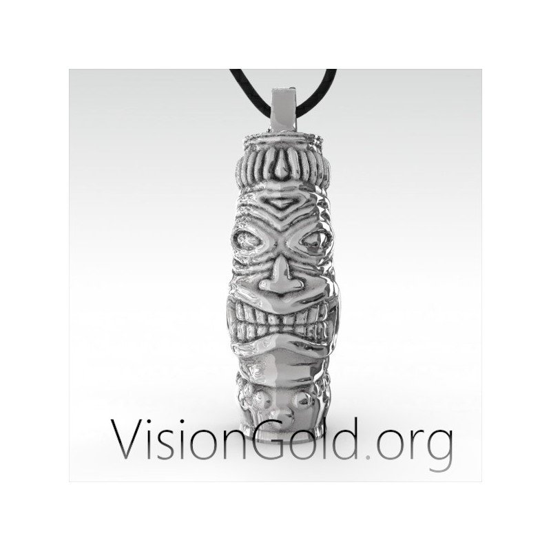 Men Tribal Totem Pendant Silver Leather Necklace, Unique Men'S Pendant