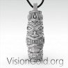 Men Tribal Totem Pendant Silver Leather Necklace, Unique Men'S Pendant