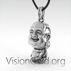 Laughing Buddha Necklace - Men's Necklace -  Silver Necklace - Necklace for Men 0068