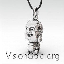 Laughing Buddha Necklace - Men's Necklace -  Silver Necklace - Necklace for Men 0068