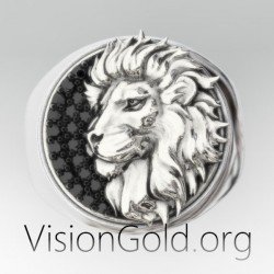 Серебряное мужское кольцо со львом с черными камнями 0352