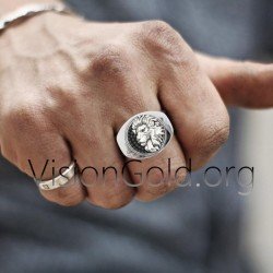 Anillo De Hombre De Plata Con León Y Piedras Negras 0352