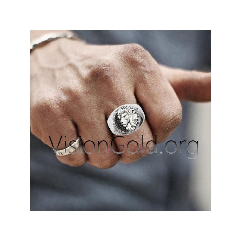 Anillo De Hombre De Plata Con León Y Piedras Negras 0352