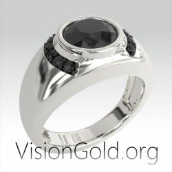 Anillo De Hombre Clásico De Plata Con Piedra Negra-Anillos De Hombre Negro-Anillos De Hombre Negro 0309