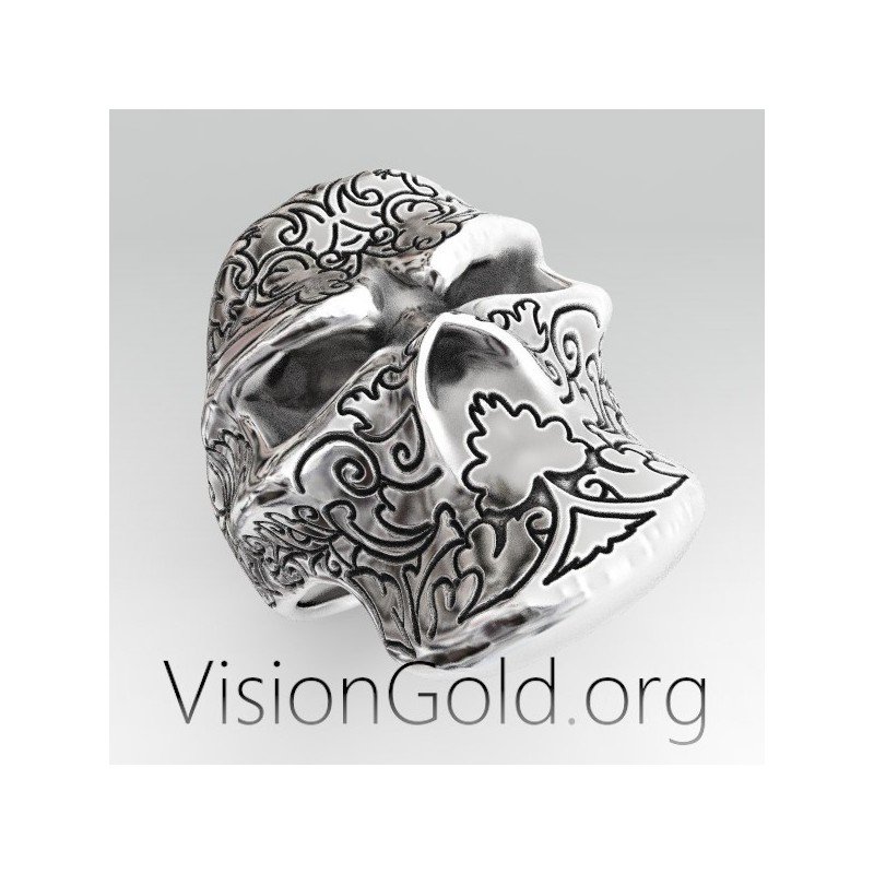Серебряное мужское кольцо с резным черепом 0347