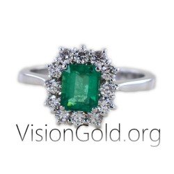 18 Carats Elegant Designer  Ladies Emerald Cut Ring Green Amazing Emerald And Natural Diamonds 0922