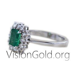 18 Carats Elegant Designer  Ladies Emerald Cut Ring Green Amazing Emerald And Natural Diamonds 0922