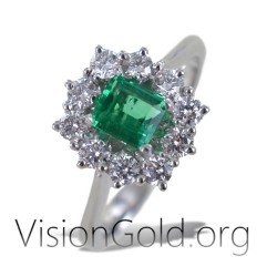 Classic Women's Ring  with Center Stone Emerald Emerald Cut and Large Impressive Diamonds 0923